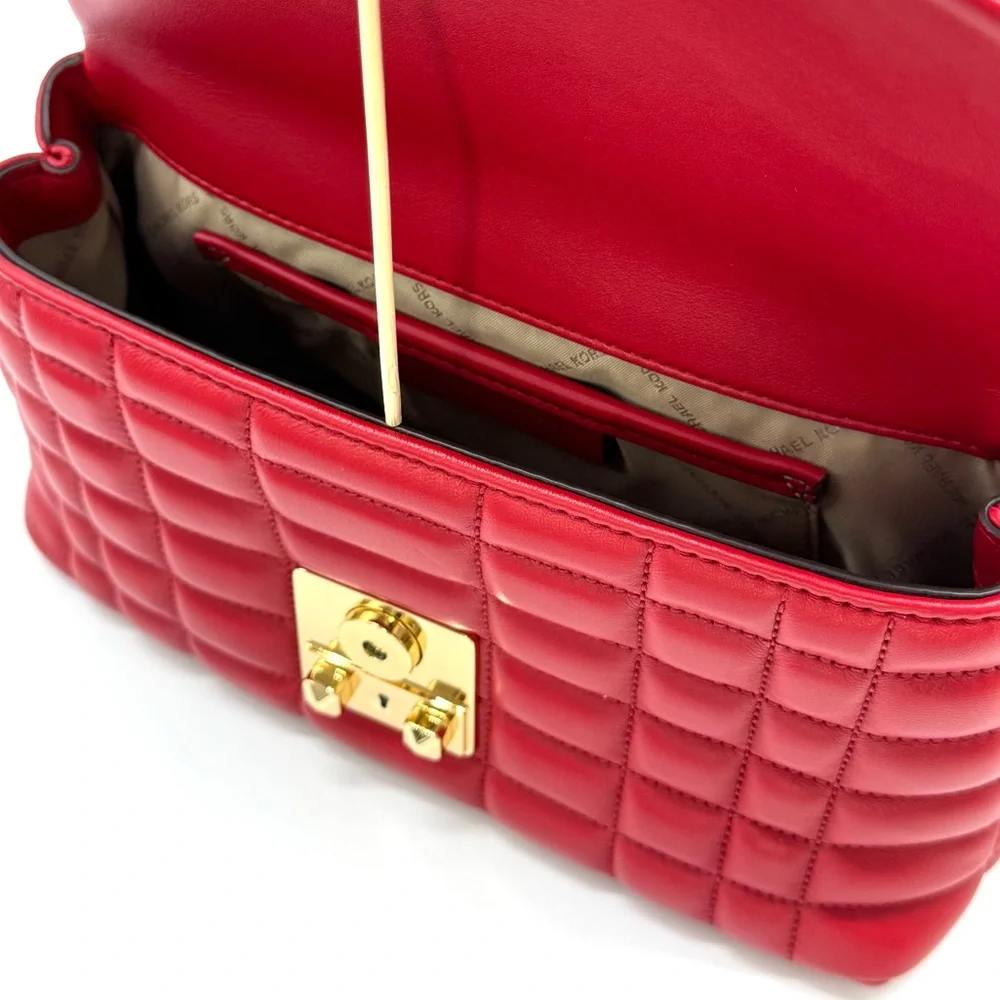 Michael Kors Tribeca Medium Quilted Leather Satchel Bag Crimson Red